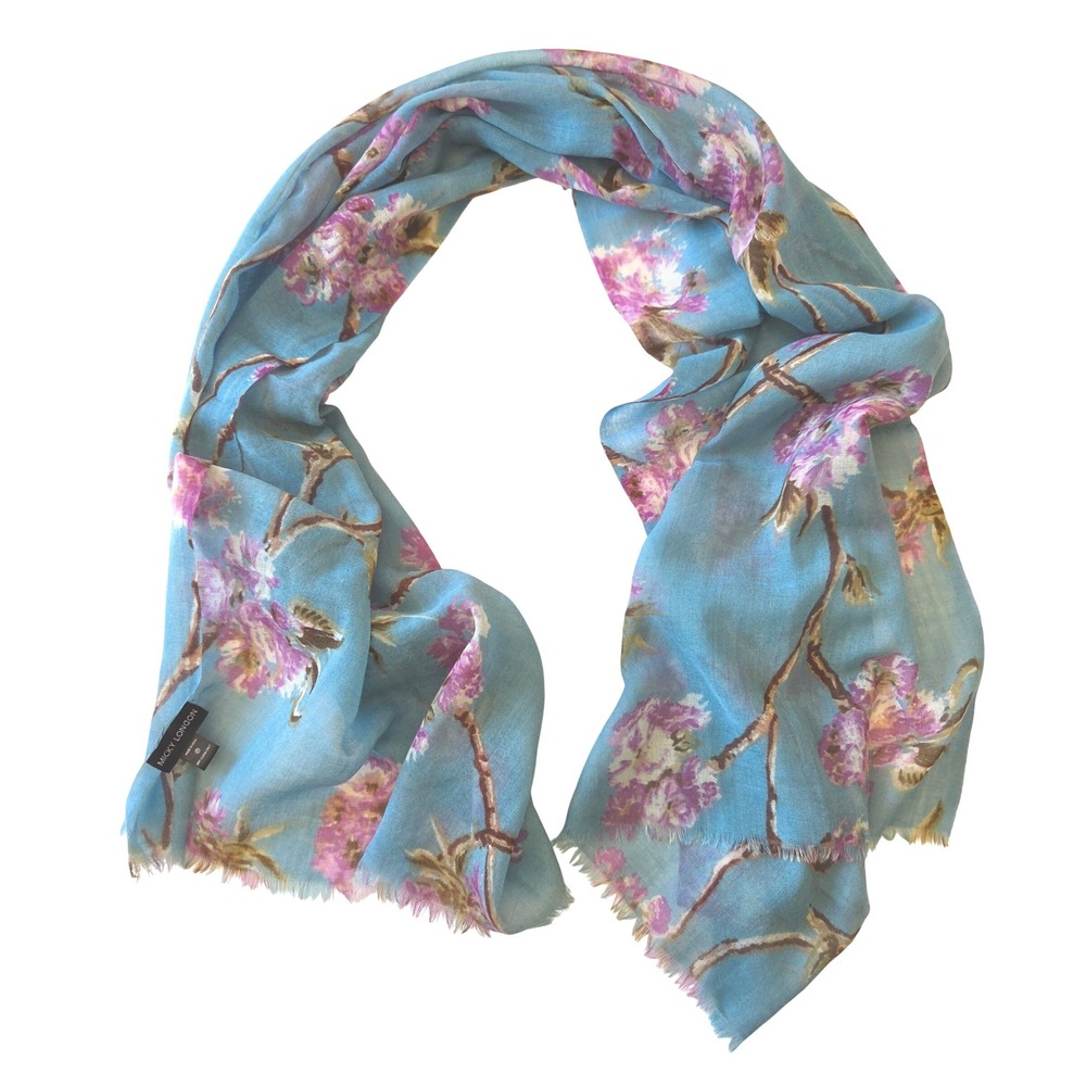 Micky London Blue Floral 100% Wool Lightweight Eyelash Fringe Scarf Wrap 72x29